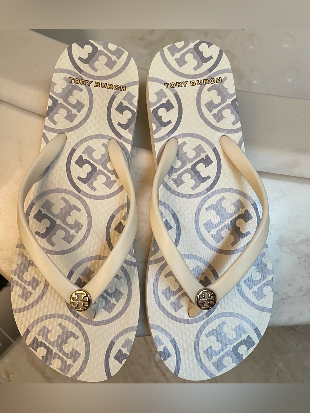 Tory Burch Cream and Light Gray Logo Flip Flop Sandals